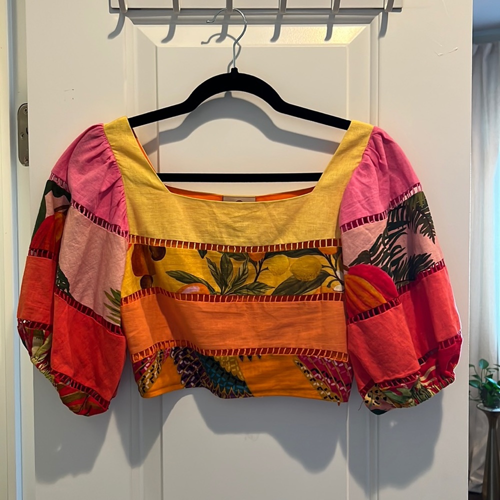 Farm Rio Rainbow Mixed Floral Print Tiered Top Size XS